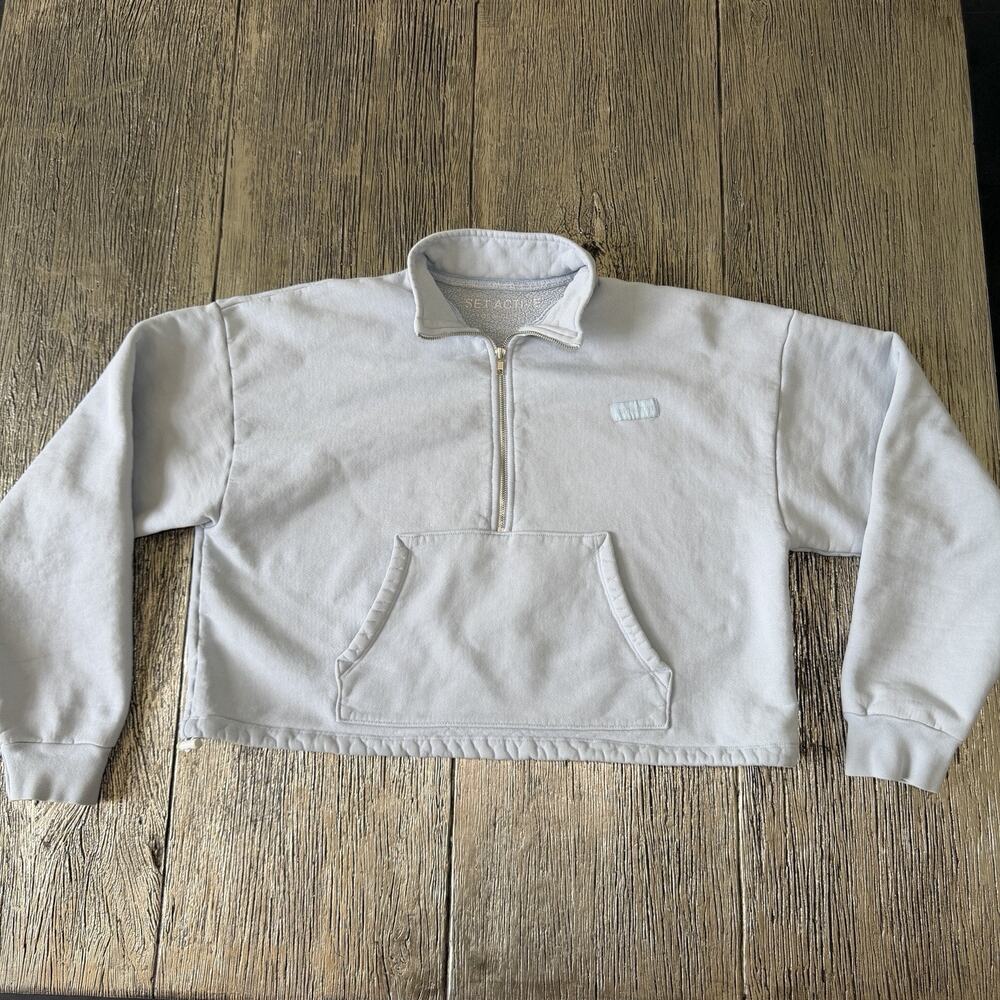 SET ACTIVE Half Zip Cropped Sweatshirt Light Blue 100% Heavy Cotton Pullover M